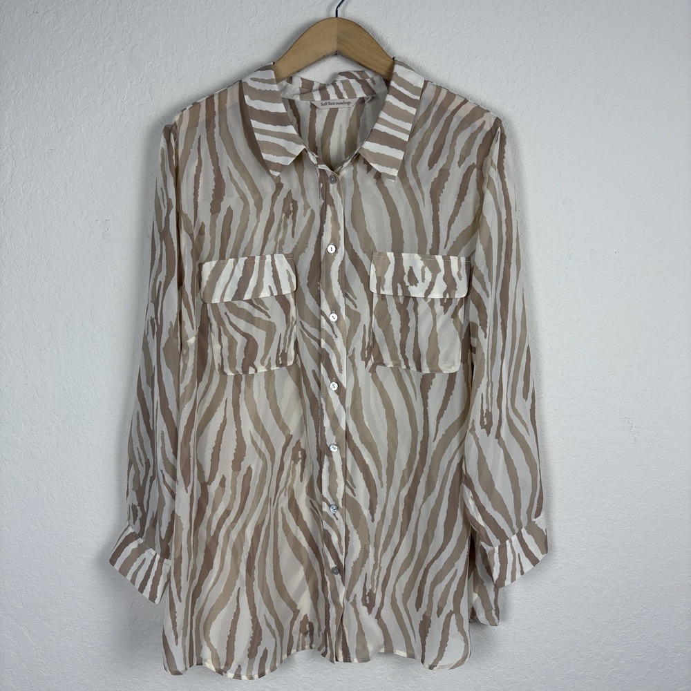 Soft Surroundings Shirt Womens 2X Tan Zebra Stripe Sheer Tunic Beach Coastal